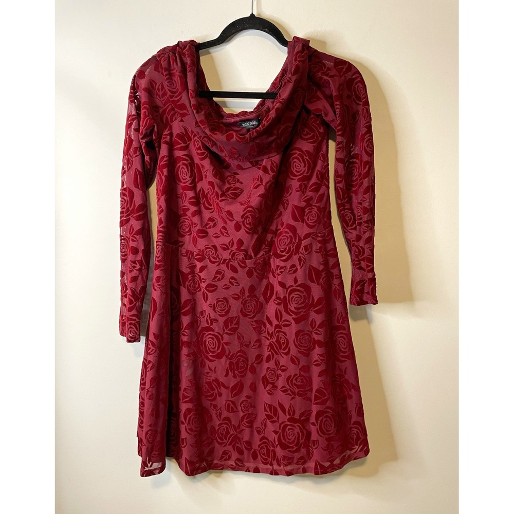Wild Fable Dress Womens XL Burgundy Flocked Rose Mesh Cowl Neck Romantic Goth